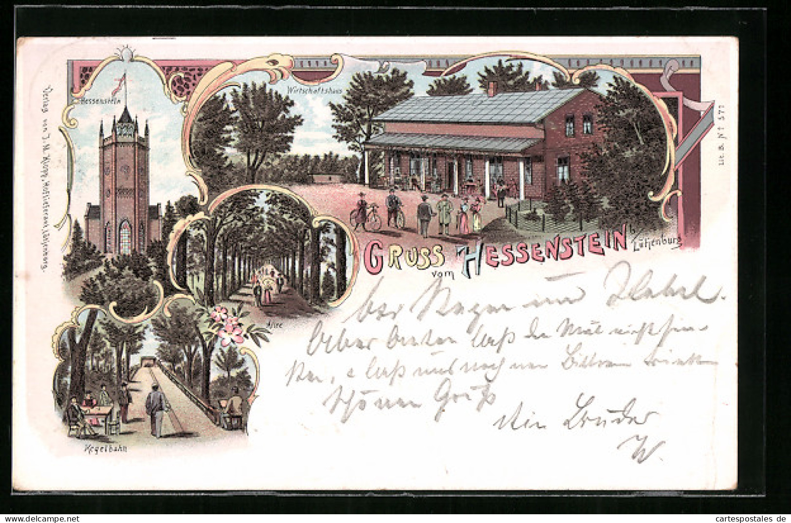 Lithographie Lütjenburg, Gasthaus Hessenstein, Kegelbahn, Allee
