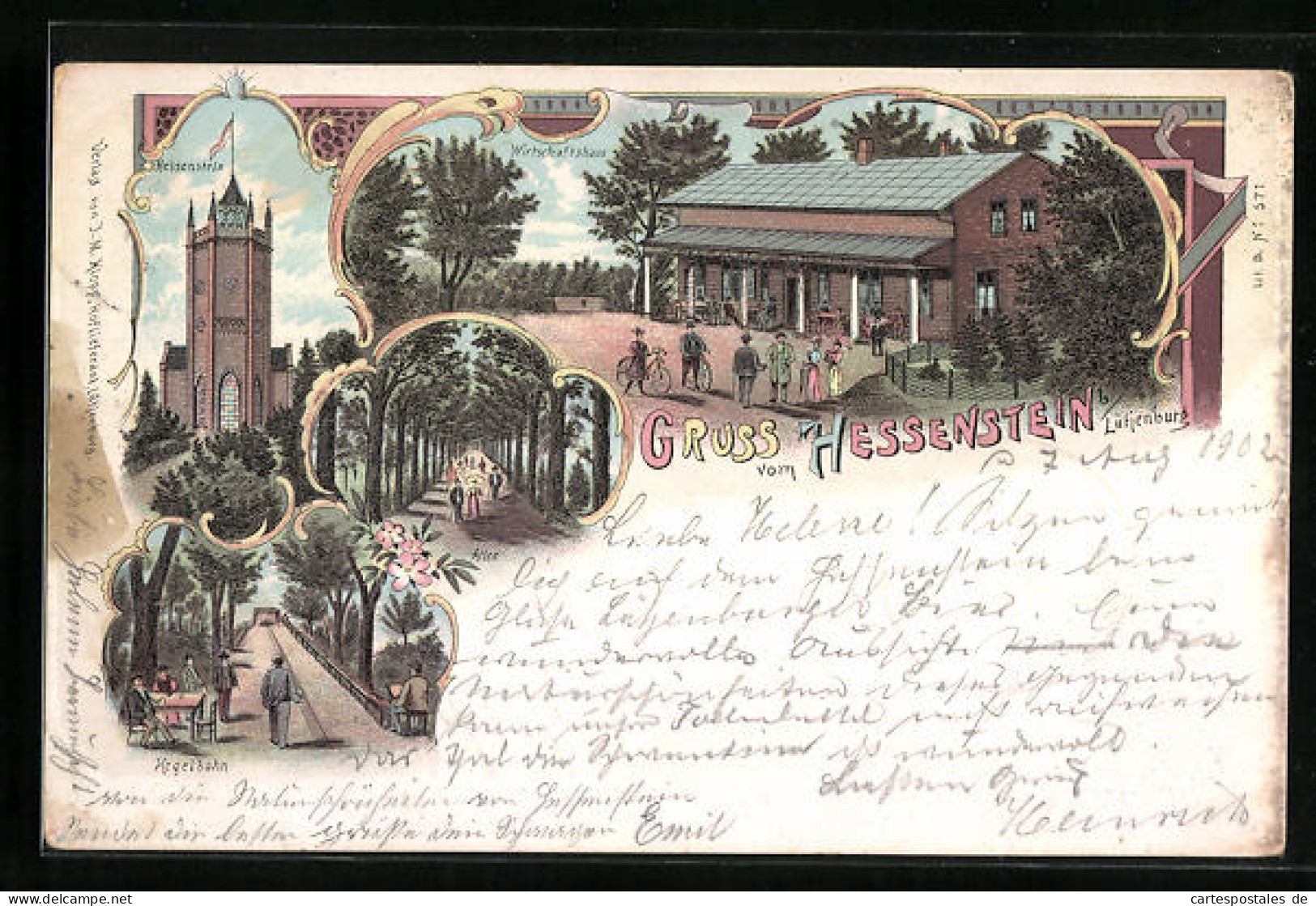 Lithographie Lütjenburg, Gasthaus, Kegelbahn, Hessenstein