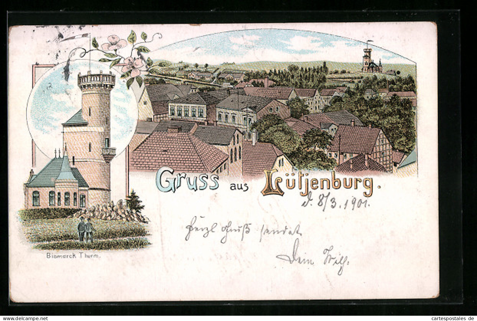 Lithographie Lütjenburg, Ortsansicht mit Bismarck-Turm