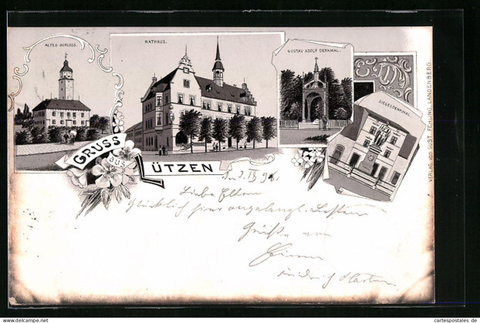 Lithographie Lützen, Altes Schloss, Rathaus, Gustav Adolf Denkmal