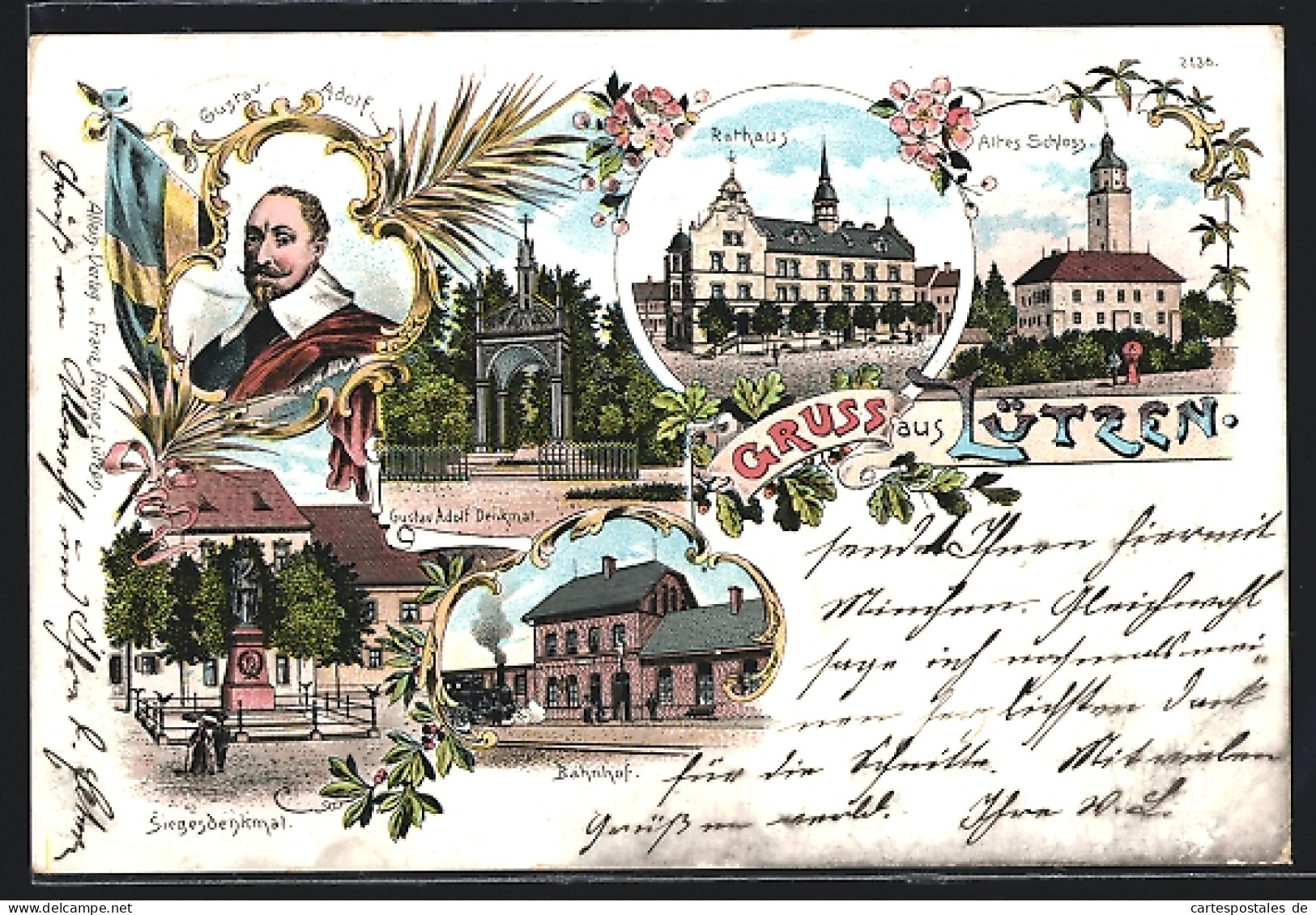 Lithographie Lützen, Rathaus, altes Schloss, Bahnhof, Siegesdenkmal