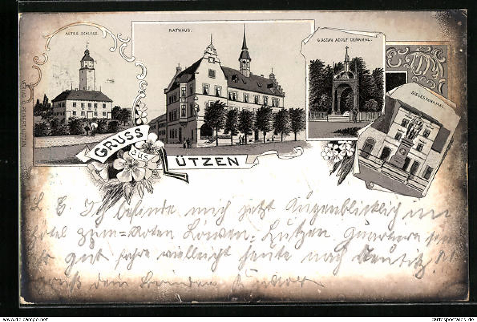 Lithographie Lützen, Rathaus, Altes Schloss, Siegesdenkmal