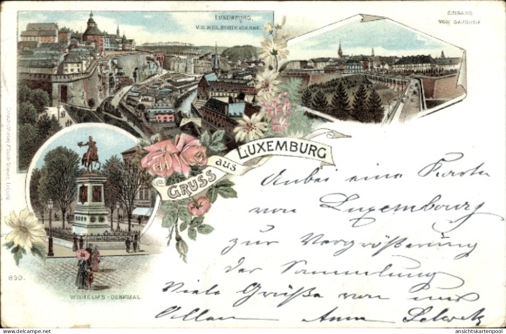 Lithographie Luxemburg, Teilansicht der Stadt, Wilhelms-Denkmal, Eingang vom Bahnhof