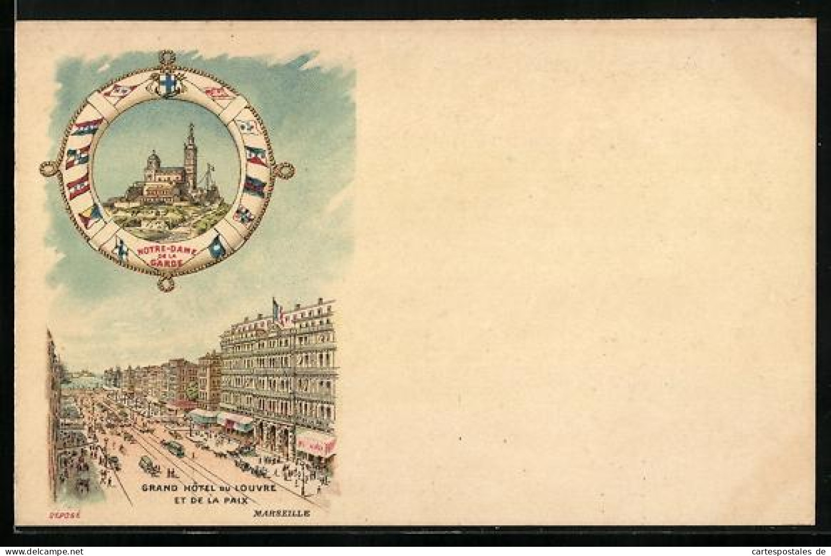 Lithographie Marseille, Grand Hotel du Louvre et de la Paix, Notre-Dame de la Garde