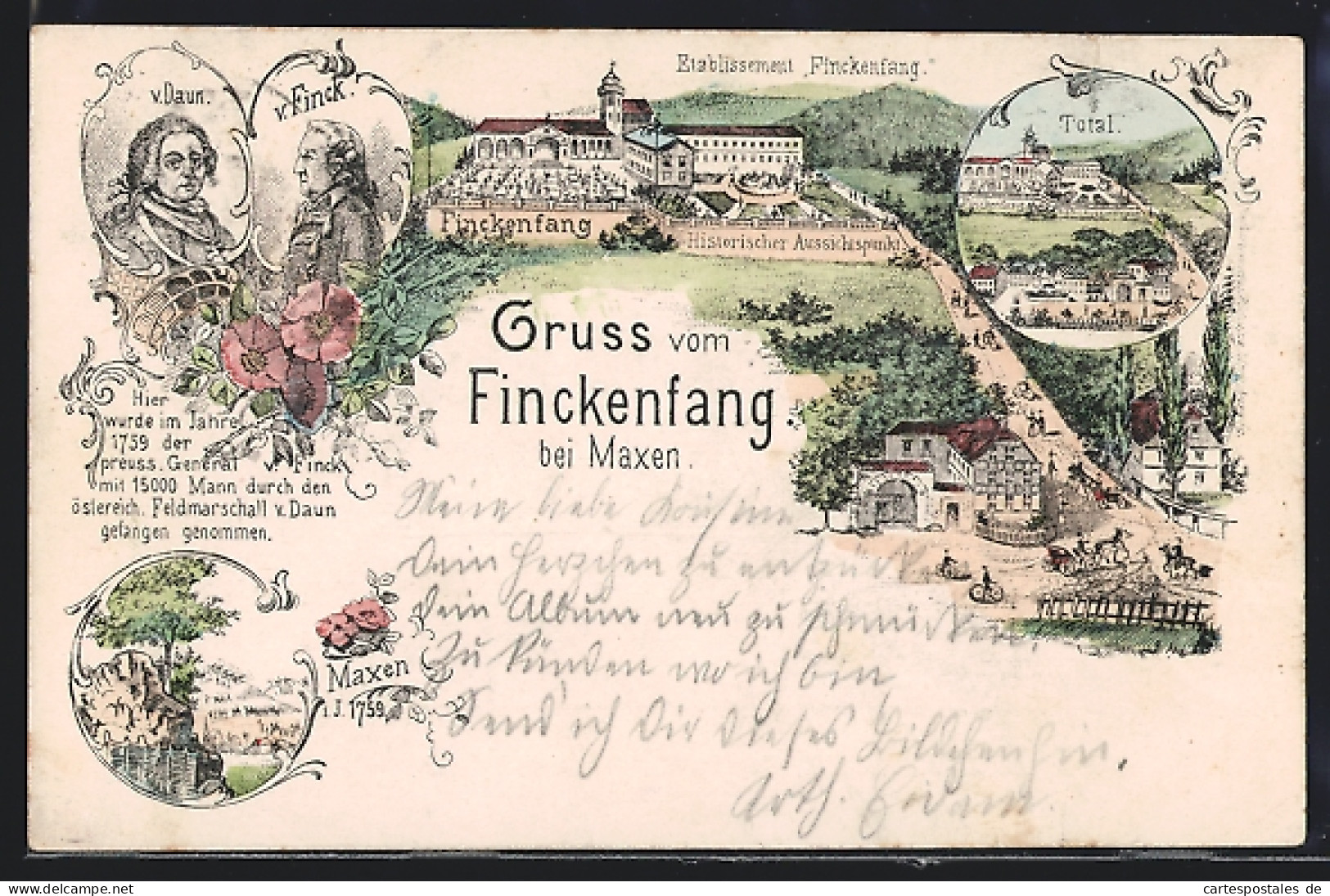 Lithographie Maxen, Etablissement Finckenfang, Herr v. Daun und v. Finck