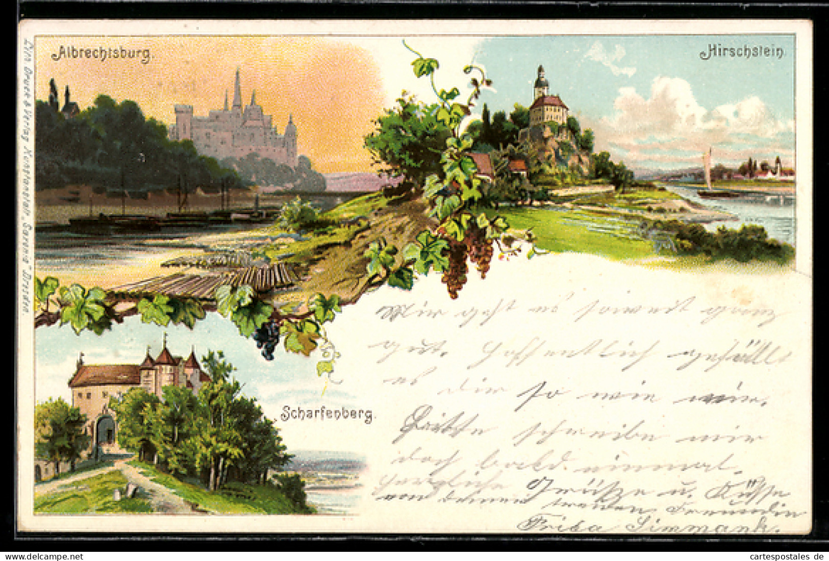 Lithographie Meissen, Albrechtsburg, Hirschstein, Scharfenberg