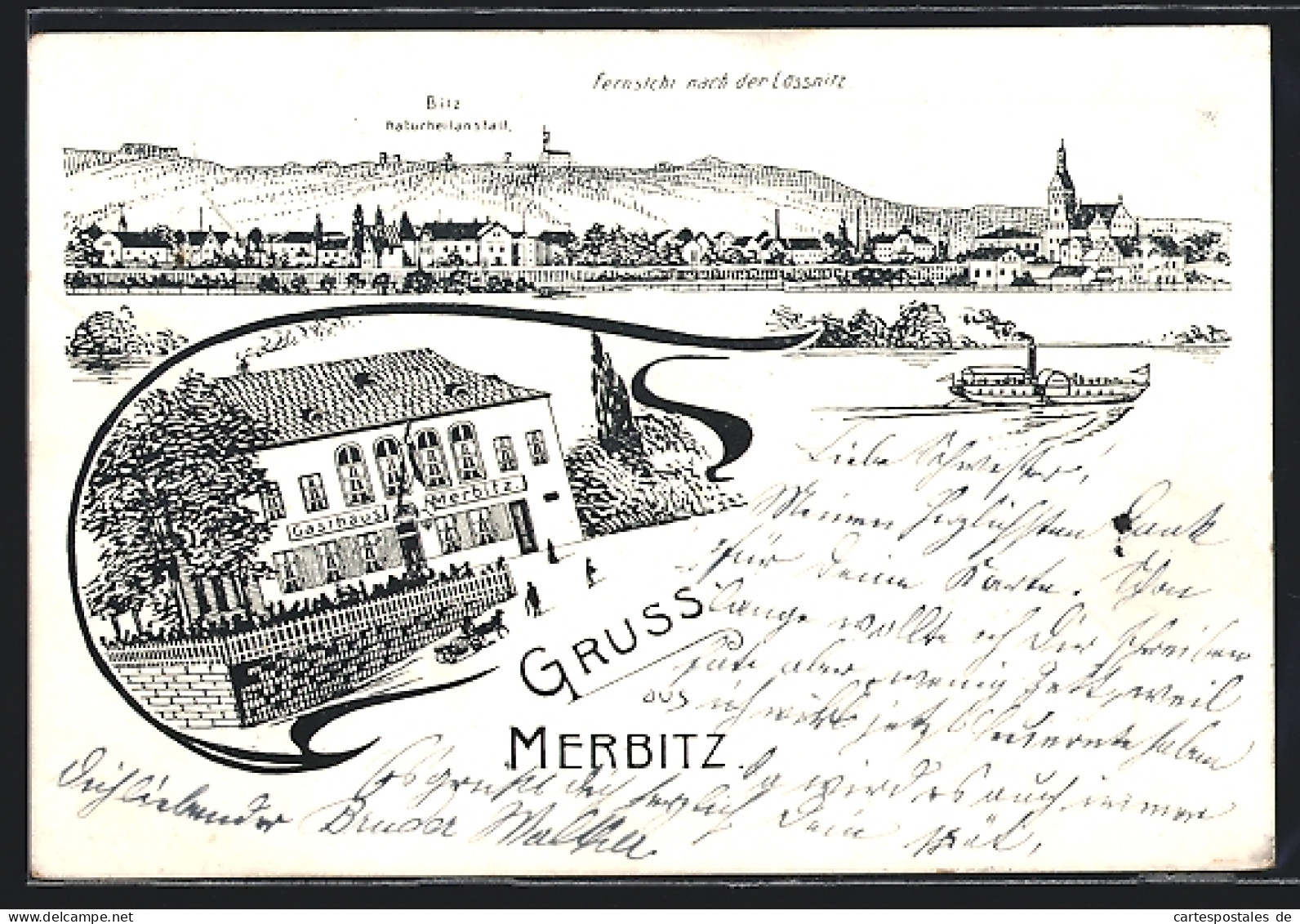 Lithographie Merbitz / Dresden, Gasthaus, Naturheilanstalt, Fernsicht nach der Lössnitz