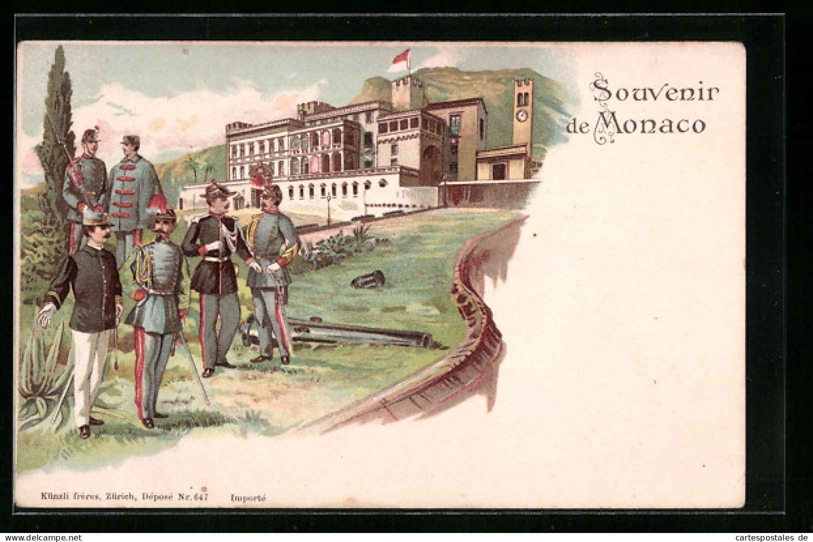 Lithographie Monaco, Soldaten in Uniform vor dem Fürstenpalast