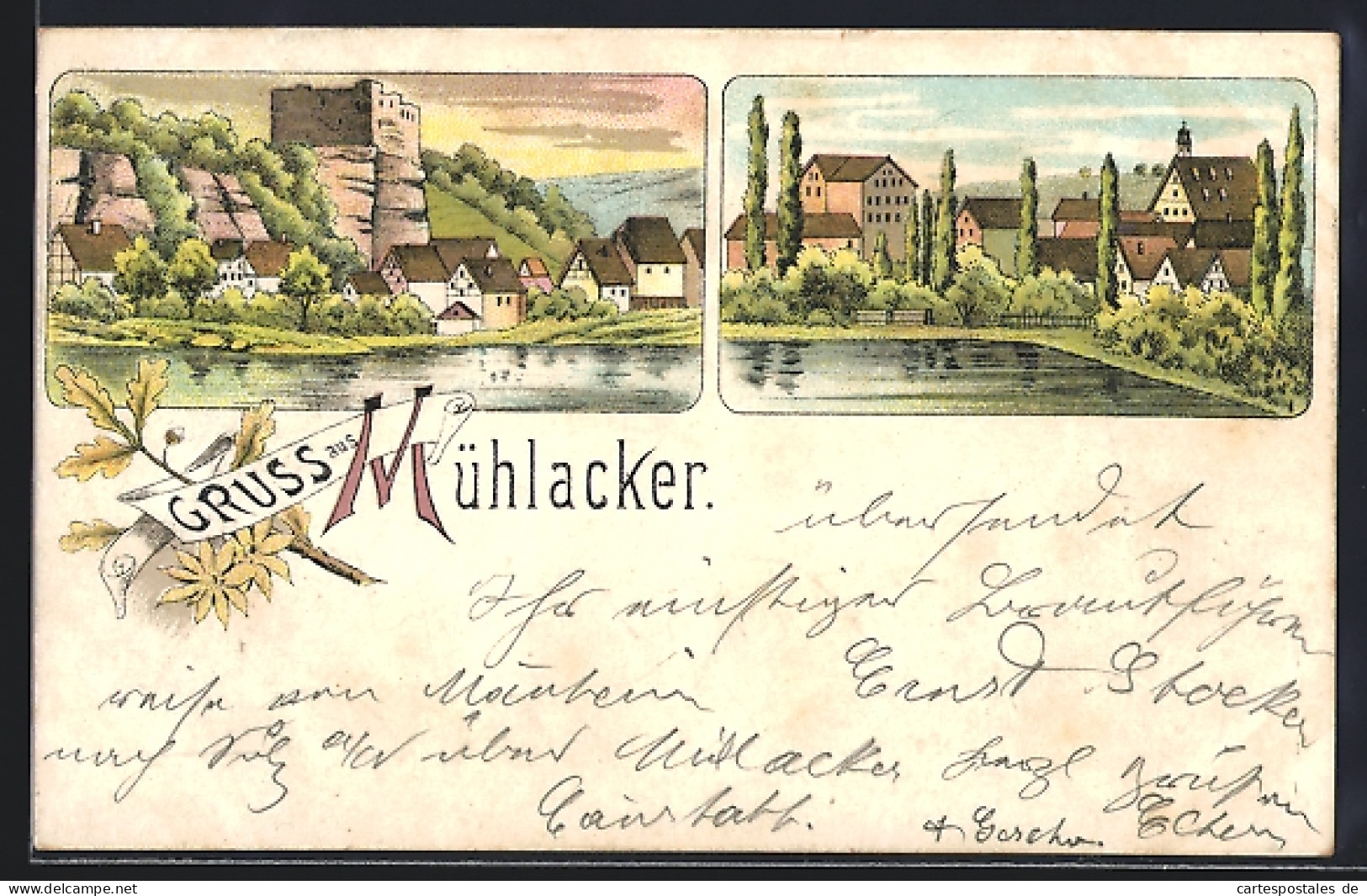 Lithographie Mühlacker, Ortsansicht mit Burgruine Löffelstelz, Blick übers Wasser