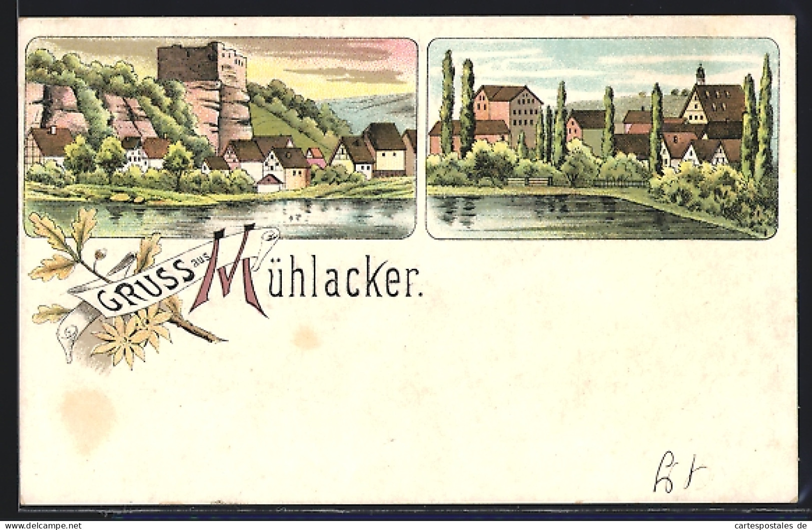 Lithographie Mühlacker, Teilansicht mit Runie, Ortspartie