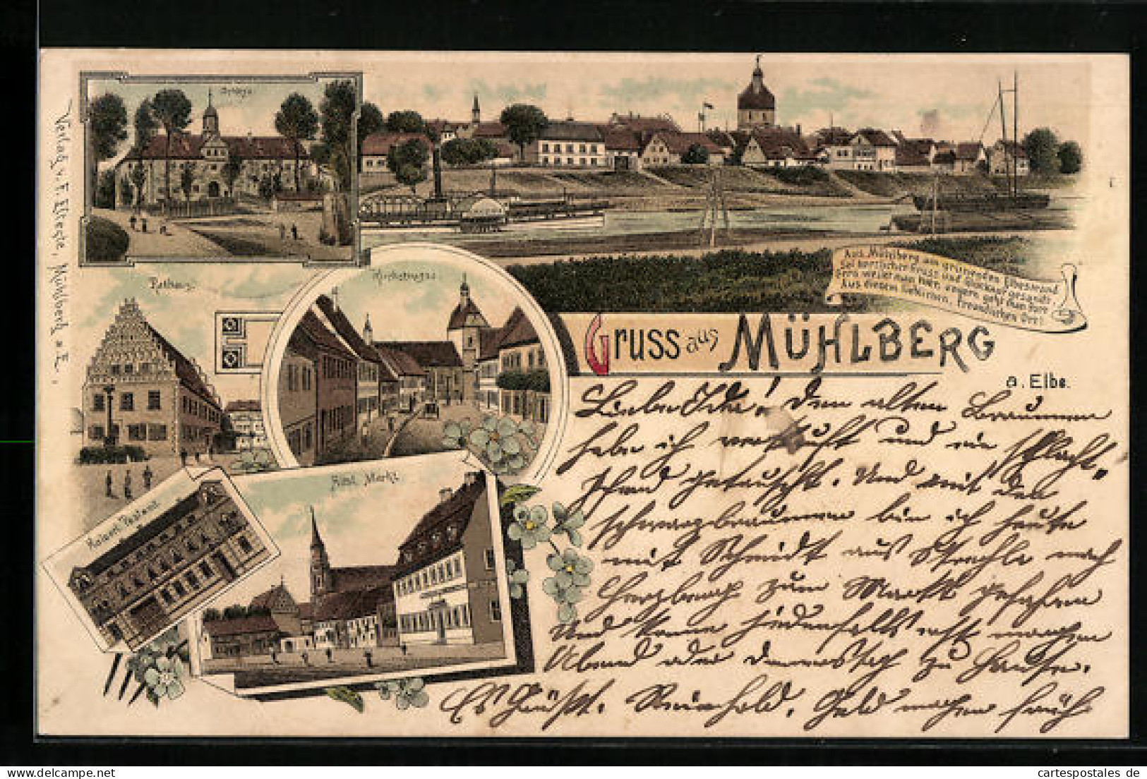 Lithographie Mühlberg a. Elbe, Schloss, Kaiserliches Postamt, Rathaus