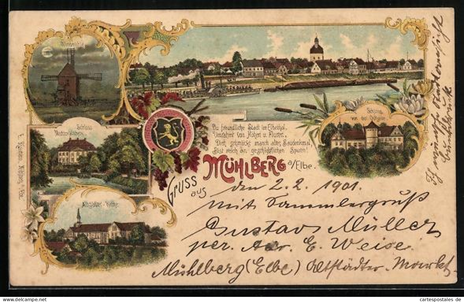 Lithographie Mühlberg a. Elbe, Windmühle, Schloss von der Ostseite, Schloss Martinskirchen