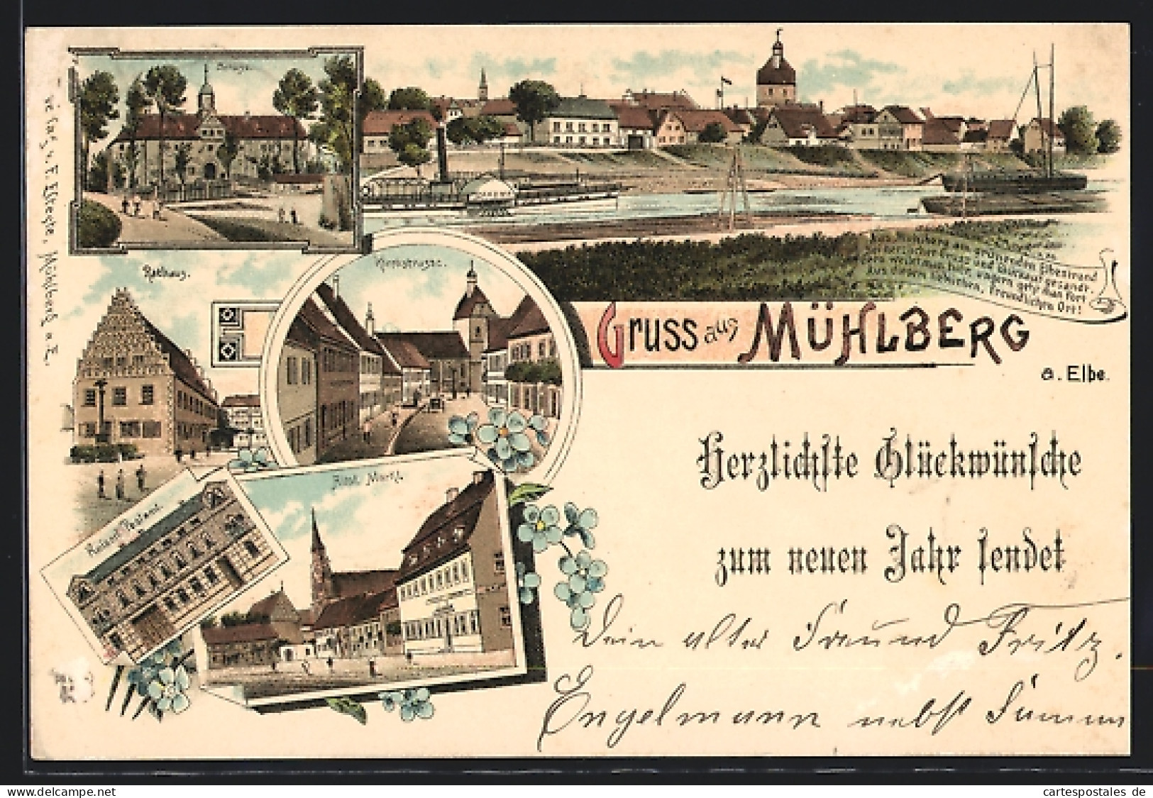 Lithographie Mühlberg, Kirchstrasse, Alter Markt, Rathaus, Schloss