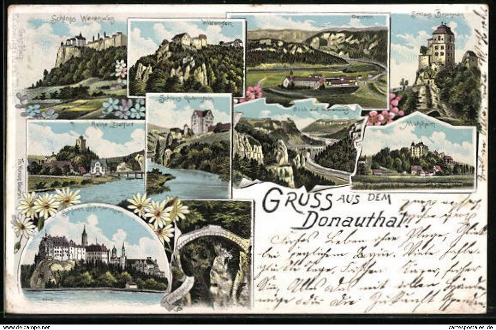 Lithographie Mühlheim, Ortsansicht, Schloss Werenwag und Wildenstein
