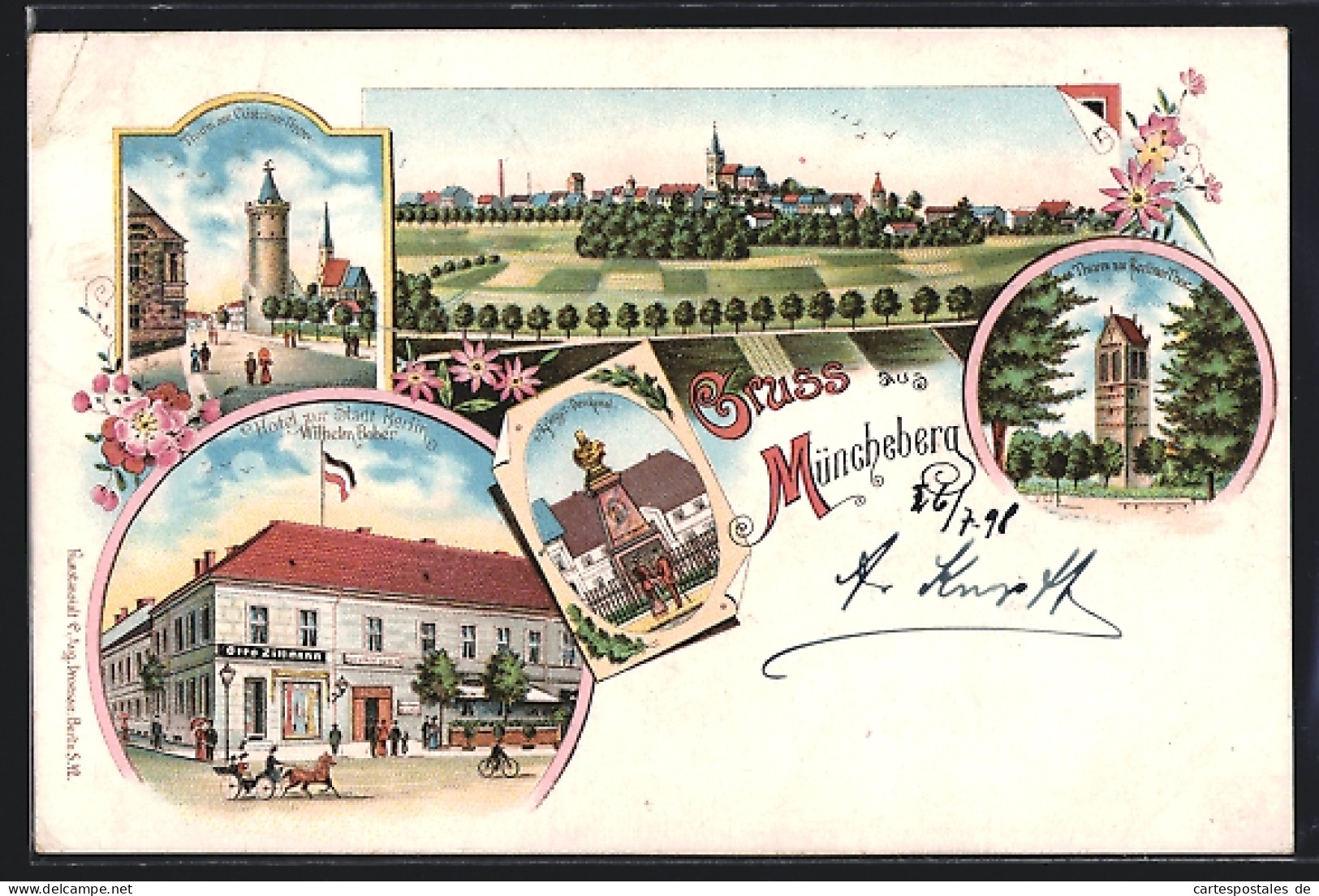 Lithographie Müncheberg, Hotel zur Stadt Berlin, Turm am Cüstriner Tor