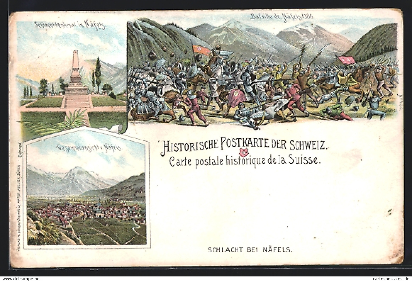 Lithographie Näfels, Schlacht bei Näfels, Schlachtdenkmal und Gesamtansicht der Stadt