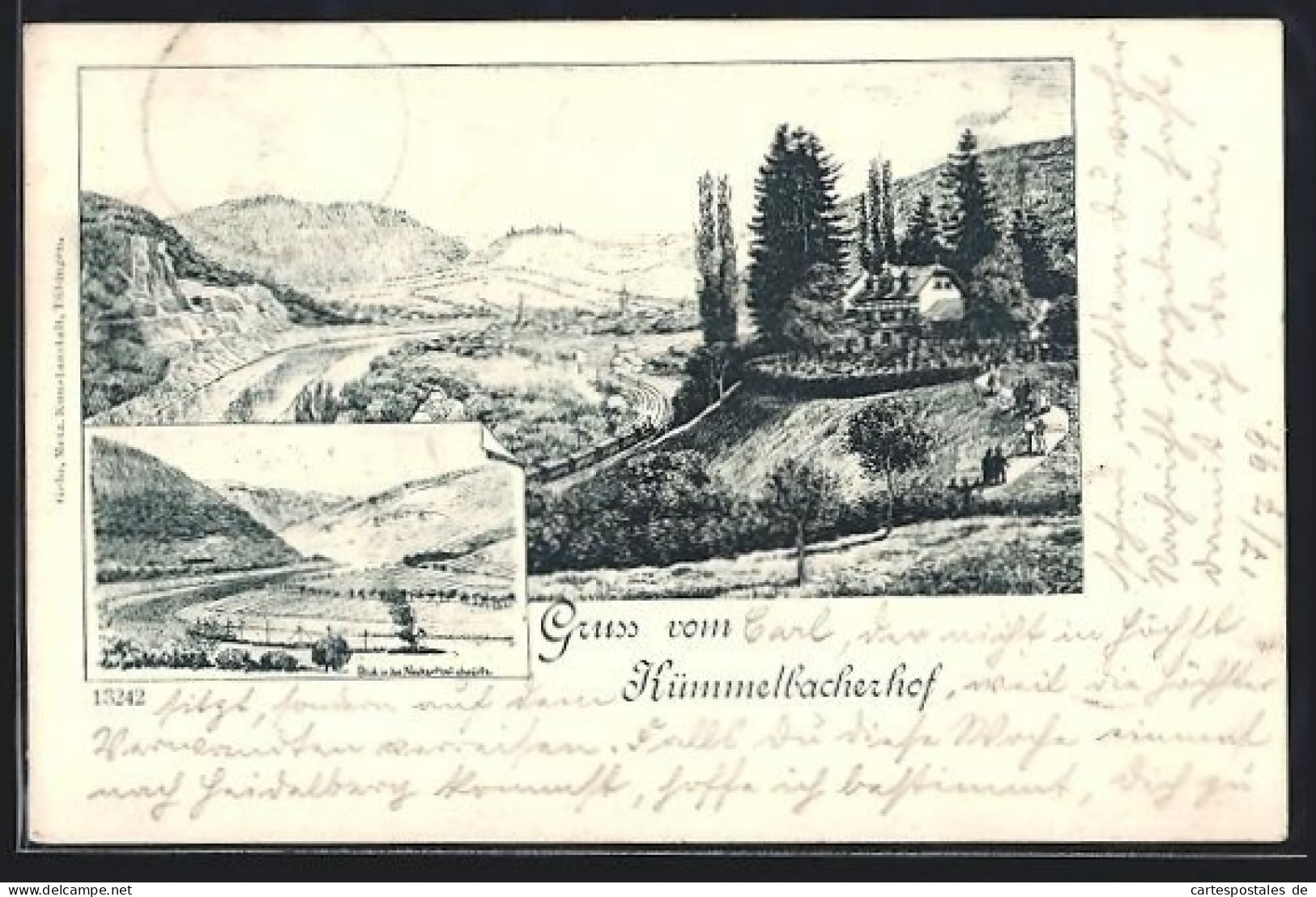 Lithographie Neckargemünd, Hotel Kümmelbacherhof, Ortspartie