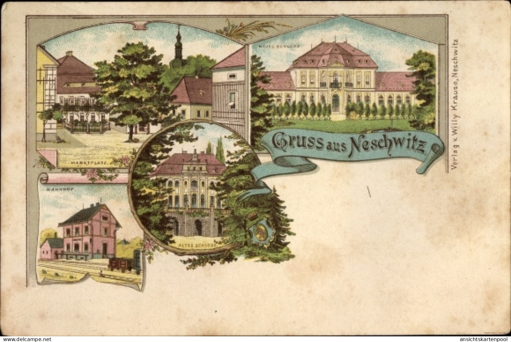 Lithographie Neschwitz in Sachsen, Marktplatz, Neues Schloss, Altes Schloss, Bahnhof