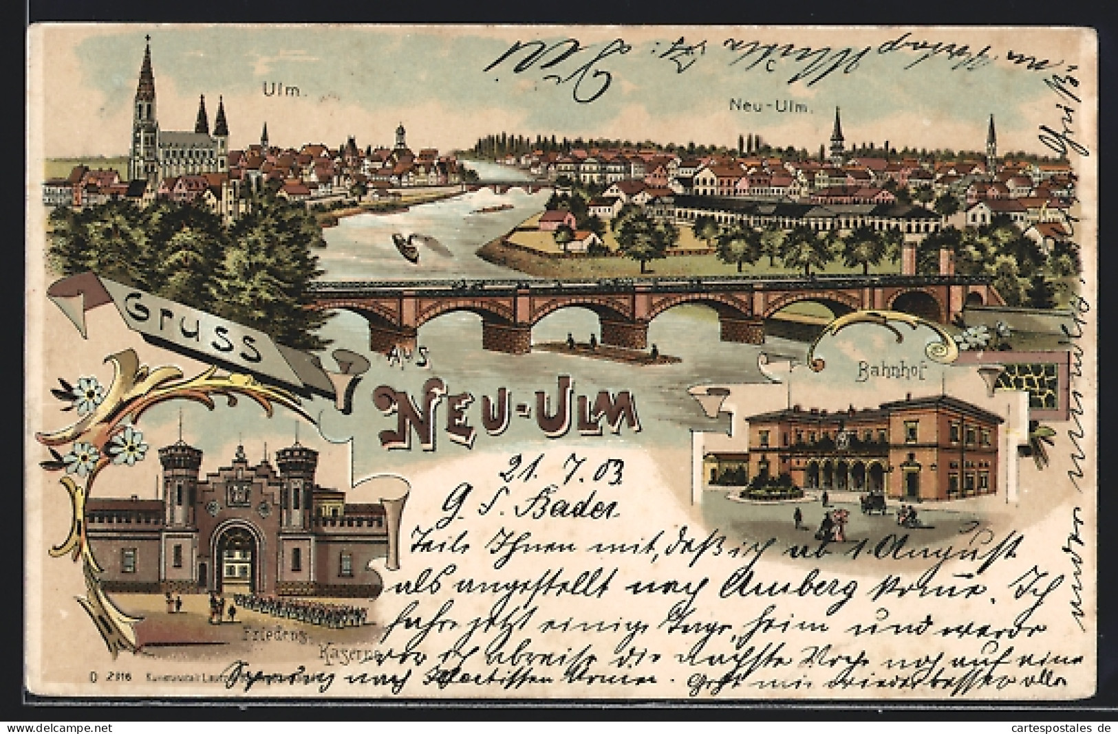 Lithographie Neu-Ulm, Bahnhof, Friedrichskaserne, Ortsansicht