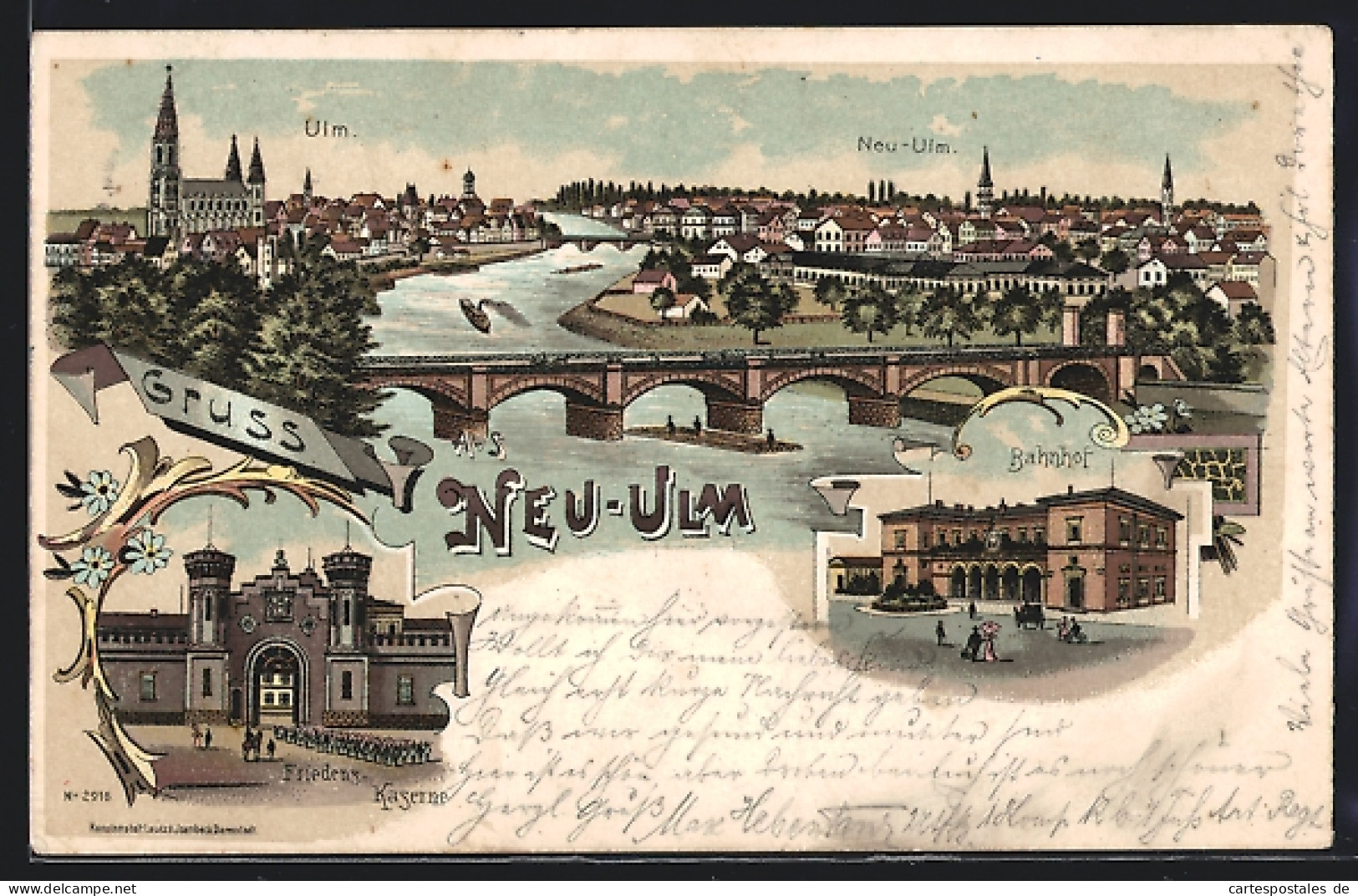 Lithographie Neu-Ulm, Friedens-Kaserne, Bahnhof