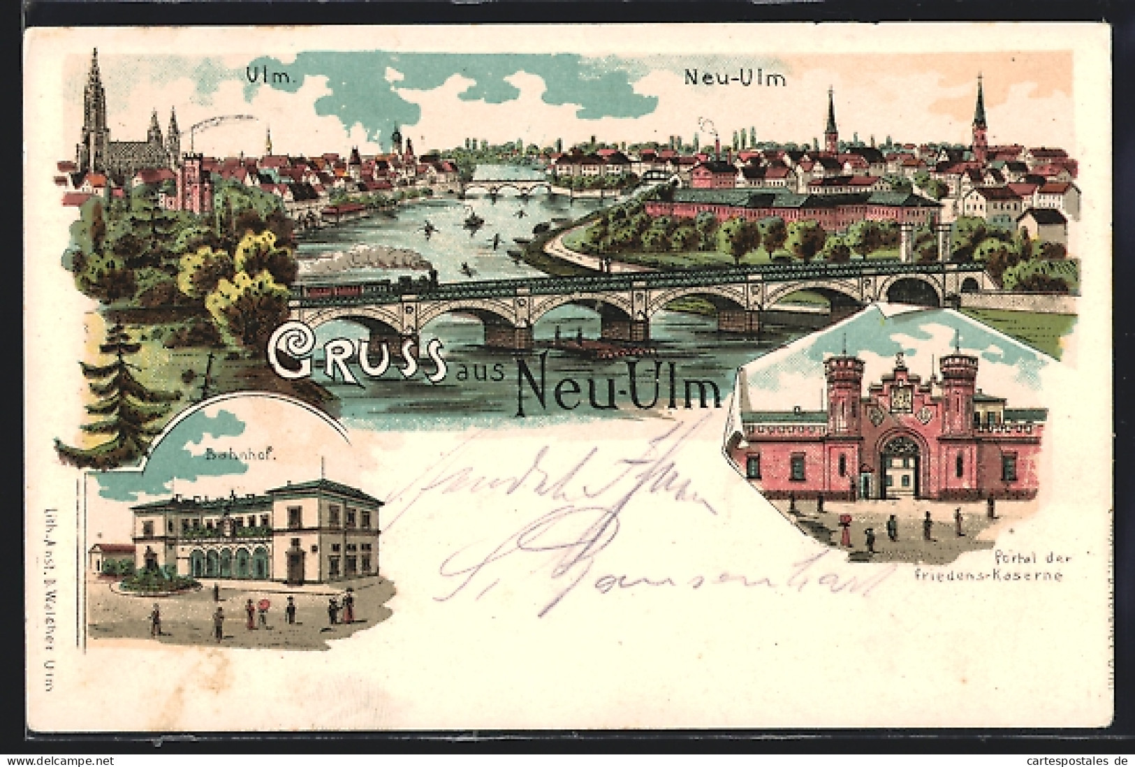Lithographie Neu-Ulm, Portal der Friedenskaserne, Bahnhof