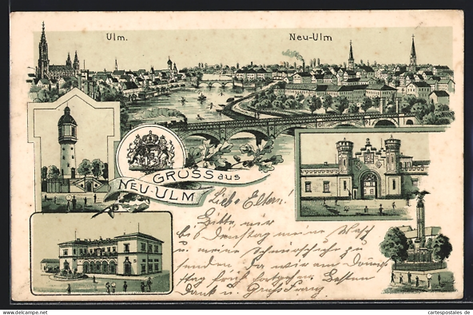 Lithographie Neu-Ulm, Schloss, Denkmal, Turm