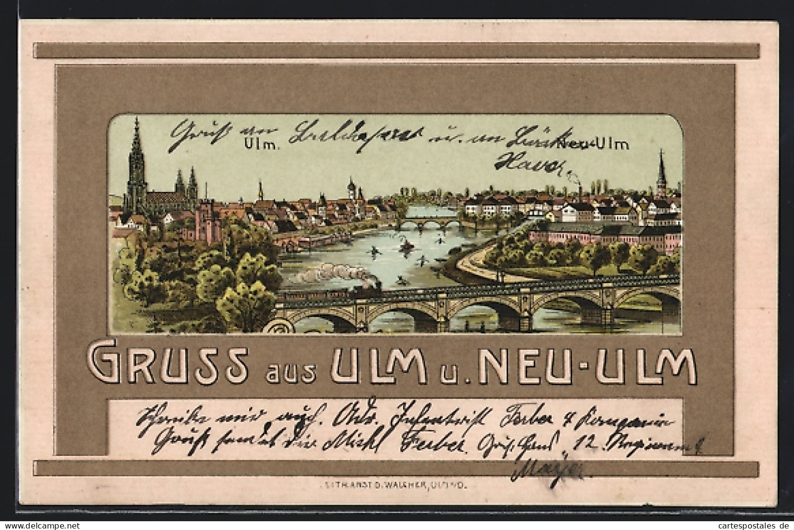 Lithographie Neu-Ulm, Teilansicht mit Kirche