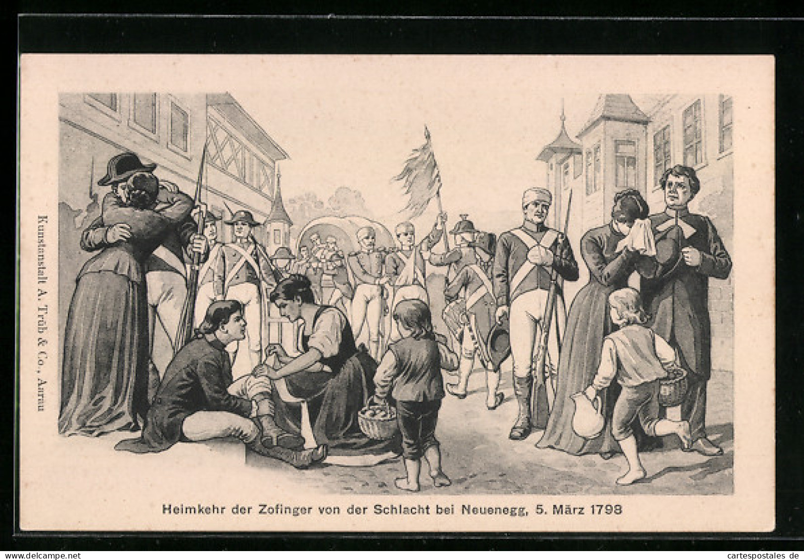 Lithographie Neuenegg, Heimkehr der Zofinger von der Schlacht bei Neuenegg 1798