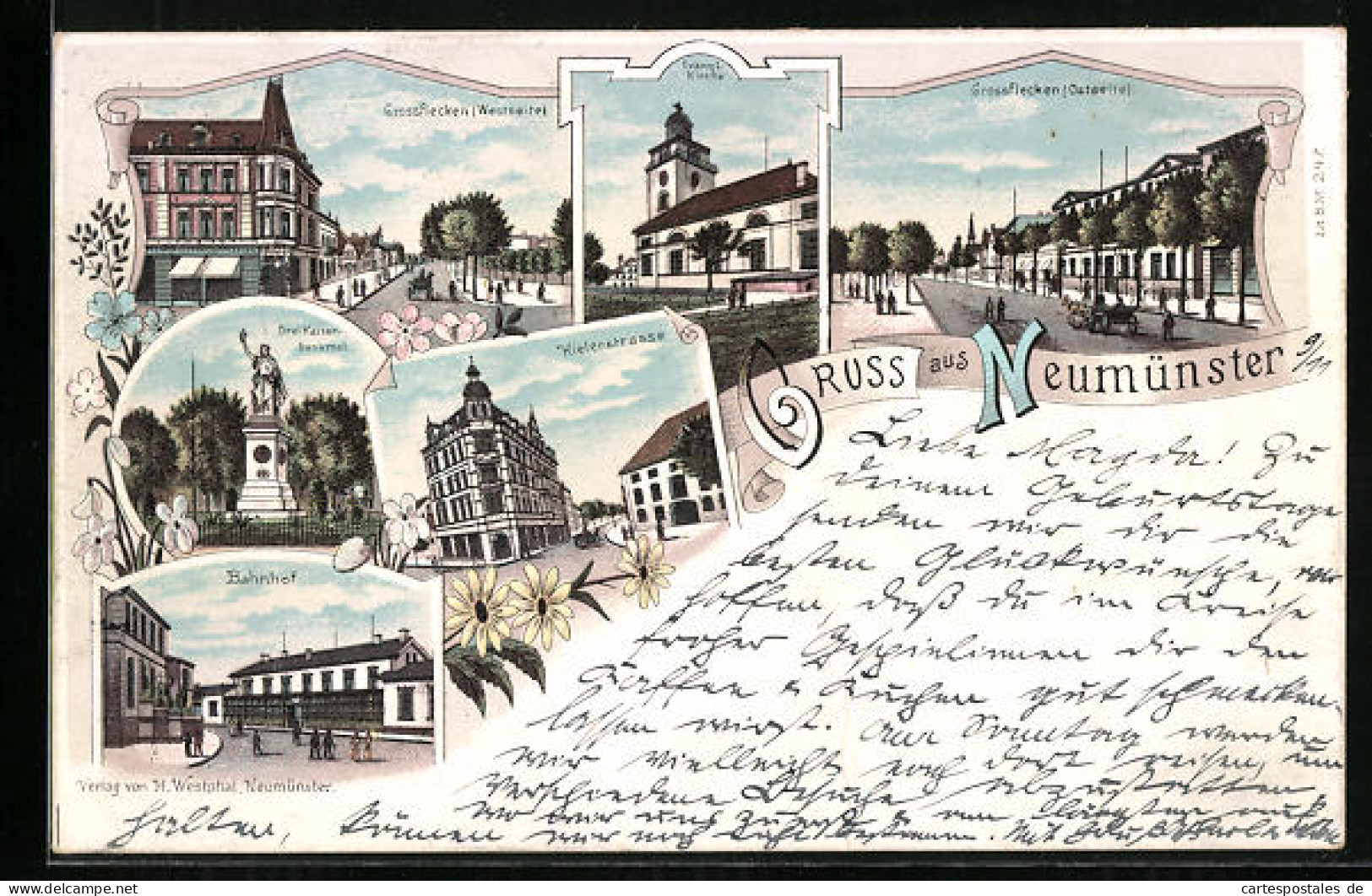 Lithographie Neumünster, Grossflecken, Kielerstrasse, Bahnhof