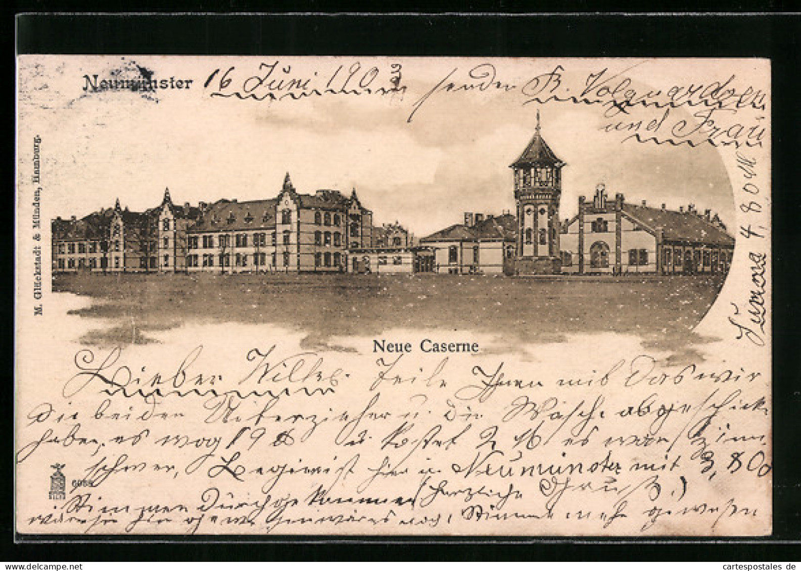 Lithographie Neumünster, Neue Caserne mit Wasserturm