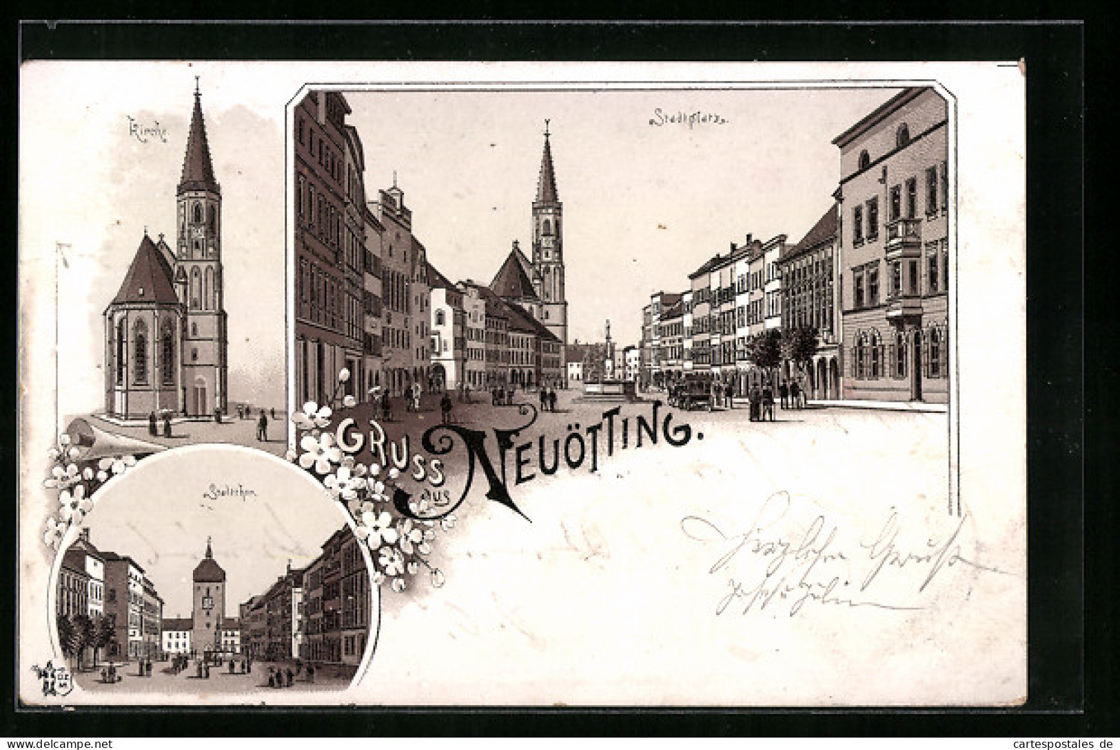 Lithographie Neuötting, Kirche Stadtthor, Stadtplatz