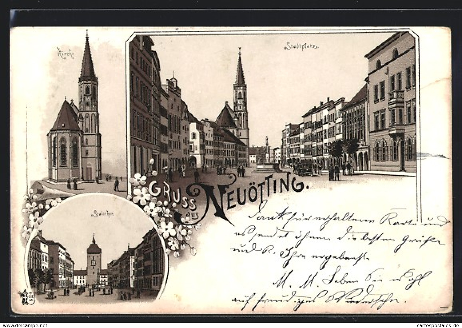 Lithographie Neuötting, Stadtplatz, Kirche, Blick zum Stadtthor