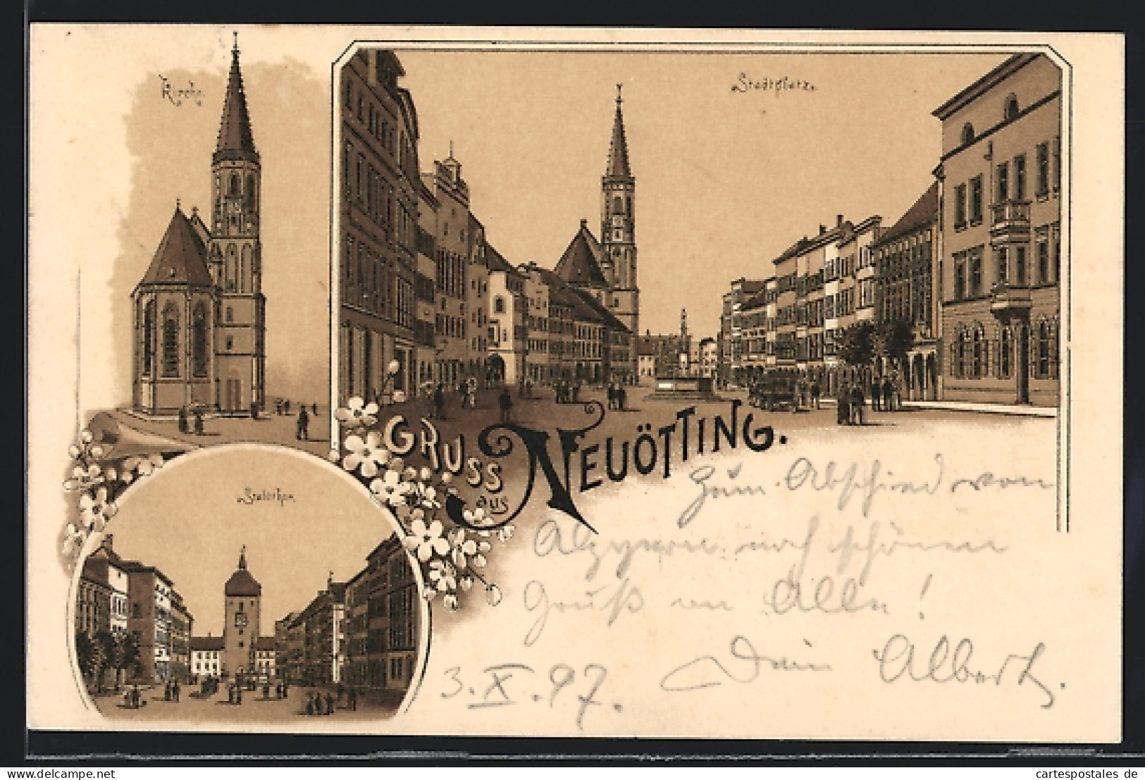 Lithographie Neuötting, Stadtplatz, Landshuter-Thor, Stadtthor