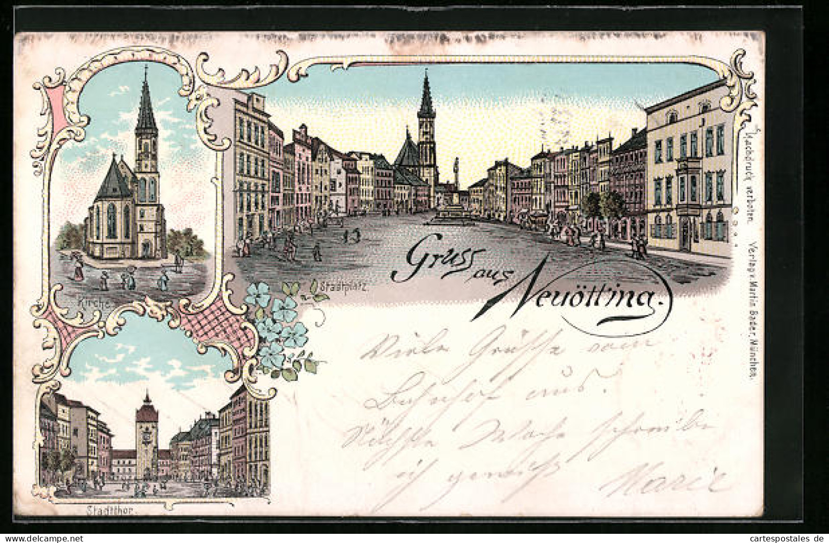 Lithographie Neuötting, Stadtplatz, Stadttor, Kirche