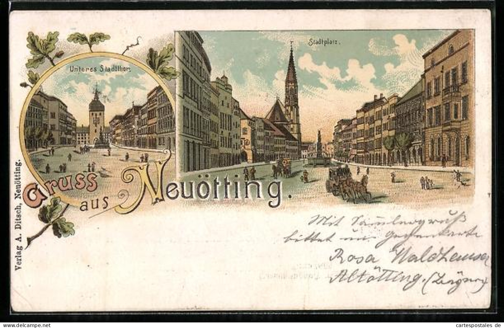 Lithographie Neuötting, Stadtplatz und Unteres Stadttor