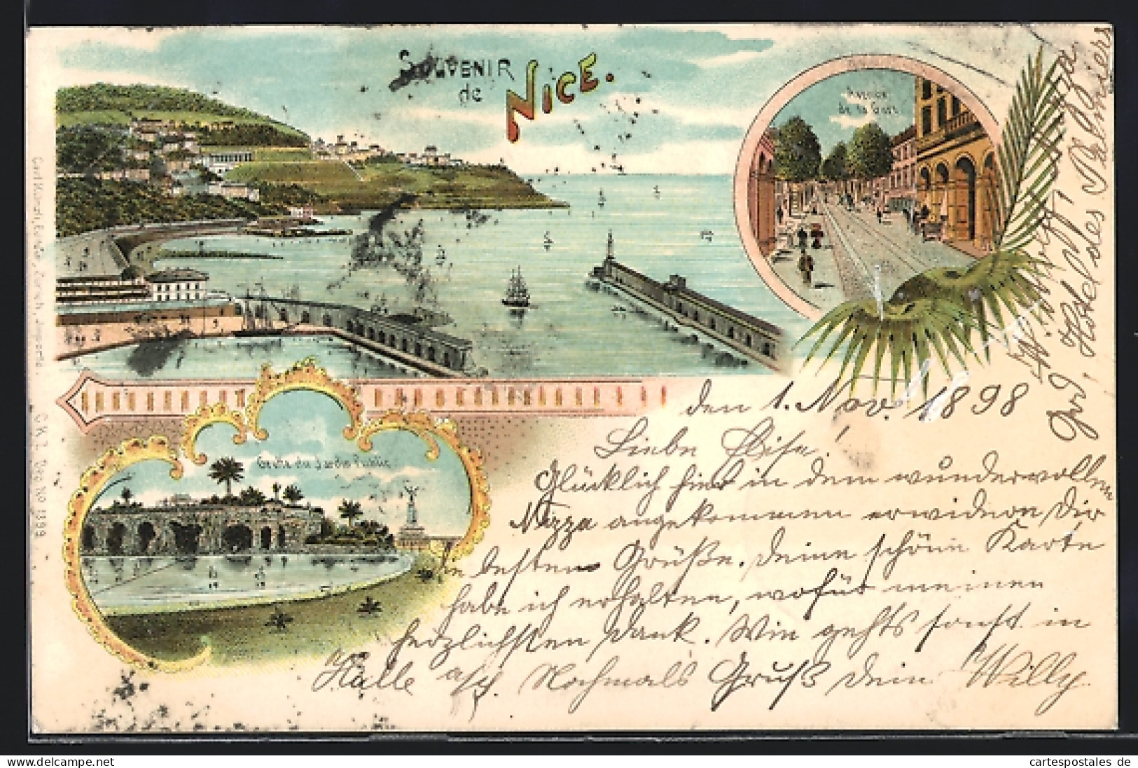 Lithographie Nice, vue générale, Avenue de la Gare, Grotte du Jardin Public