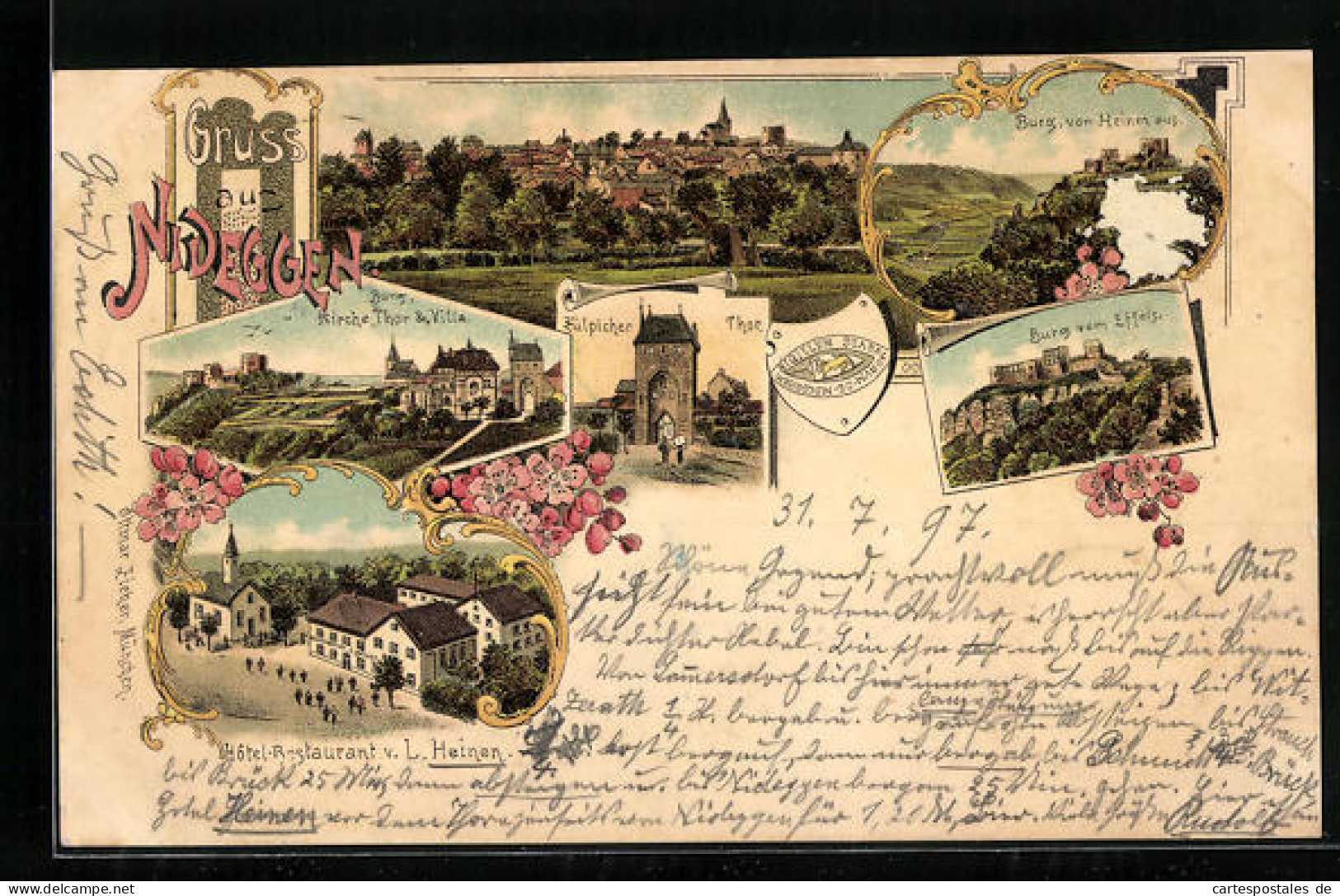 Lithographie Nideggen, Hotel-Restaurant von L. Heinen, Zülpicher Thor