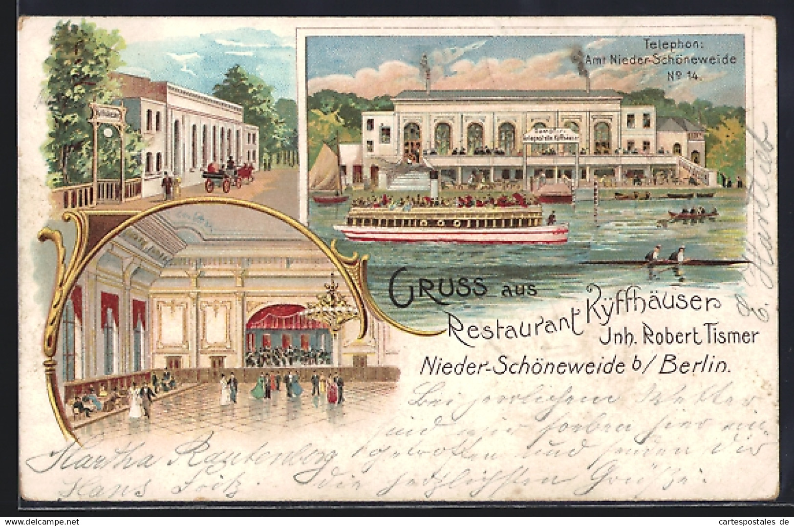 Lithographie Nieder-Schöneweide b. Berlin-Niederschöneweide, Restaurant Kyffhäuser v. Robert Tismer mit Innenansicht