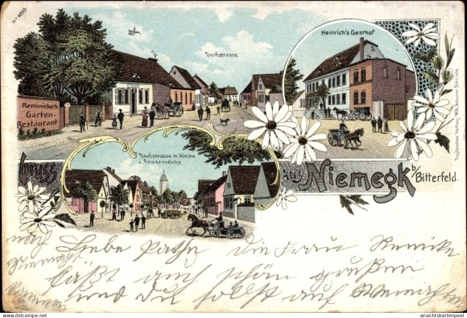 Lithographie Niemegk Kreis Bitterfeld in Saxe Anhalt, Ehemaliger Ort, Heinrich's Gasthof, Friedenseiche