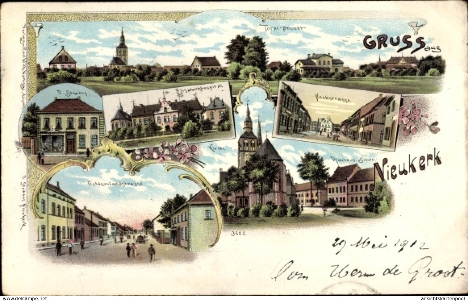 Lithographie Nieukerk Kerken am Niederrhein, Kochstraße, Elisabethhospital, Geschäft O. Stewens