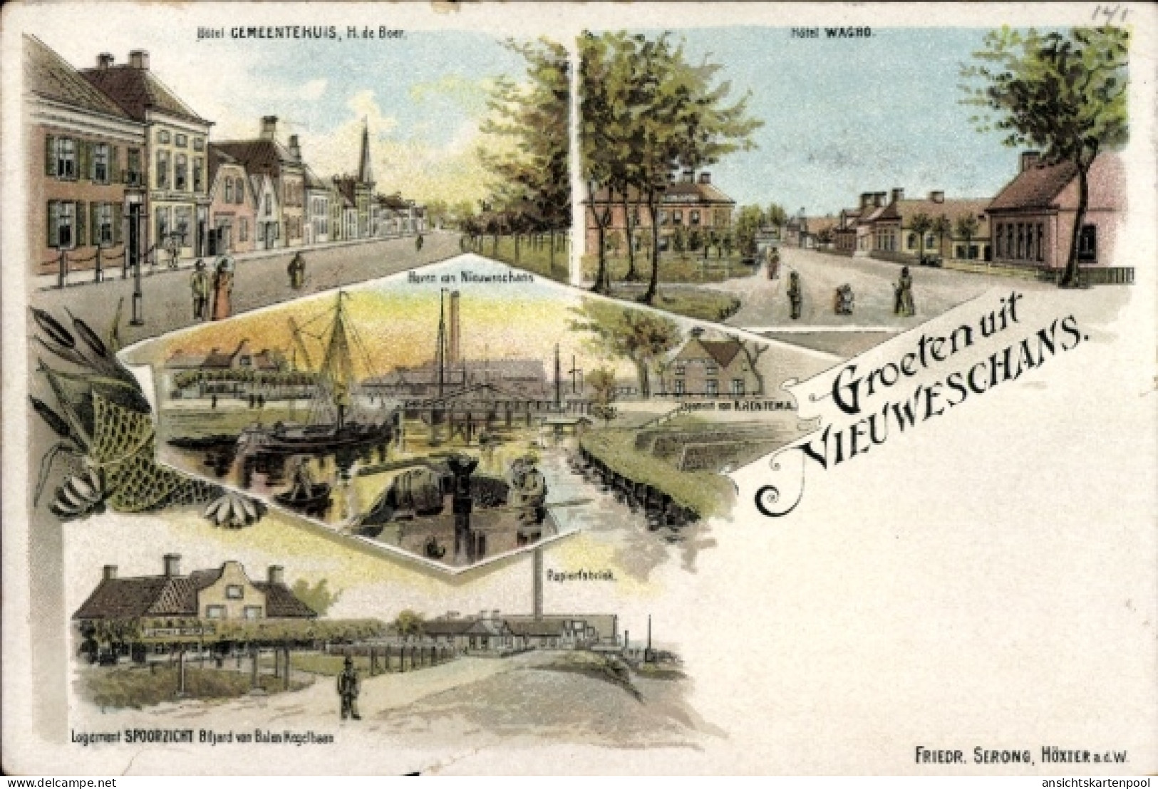 Lithographie Nieuweschans Groningen, Hotel Wagho, Hafen, Fabrik