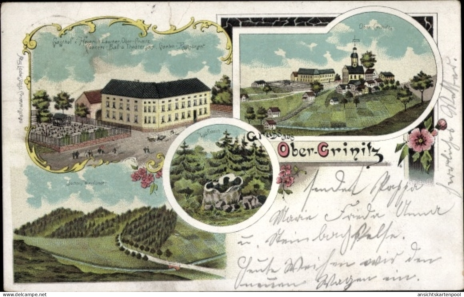 Lithographie Obercrinitz Crinitzberg in Sachsen, Gasthof v. Heinrich Löscher, Laufstein, Löschers Waldungen