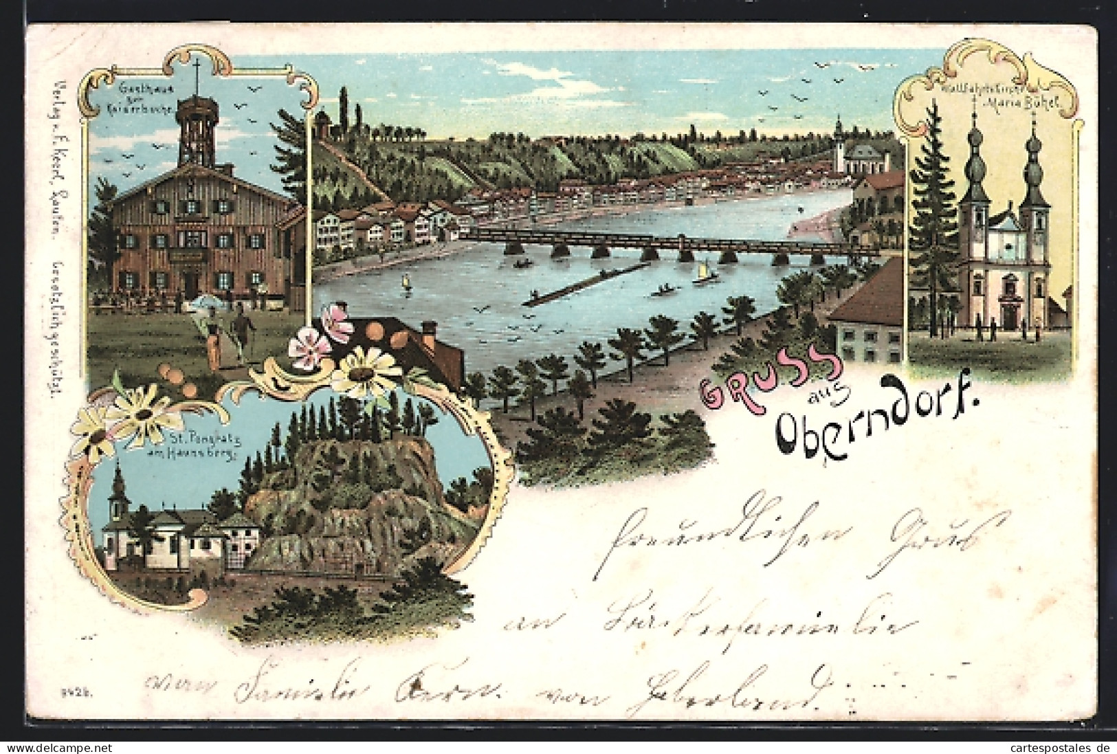 Lithographie Oberndorf bei Salzburg, Gasthaus zur Kaiserbuche, St. Pongratz am Haunsberg, Wallfahrtskirche