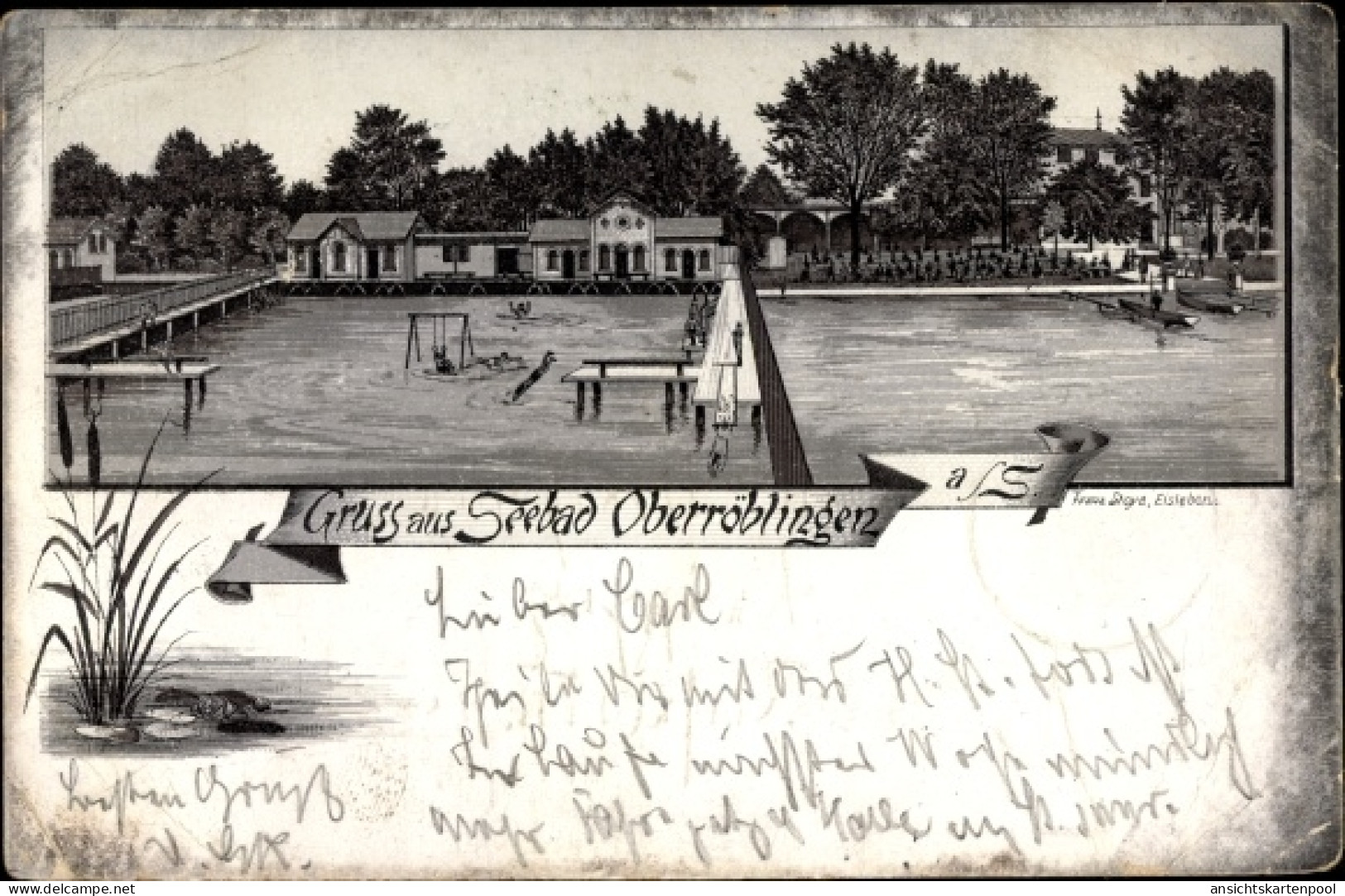 Lithographie Oberröblingen Röblingen am See Mansfelder Land, Freibad