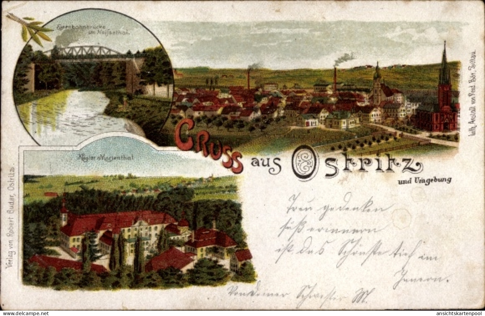 Lithographie Ostritz in der Oberlausitz, Gesamtansicht, Eisenbahnbrücke, Marienthal
