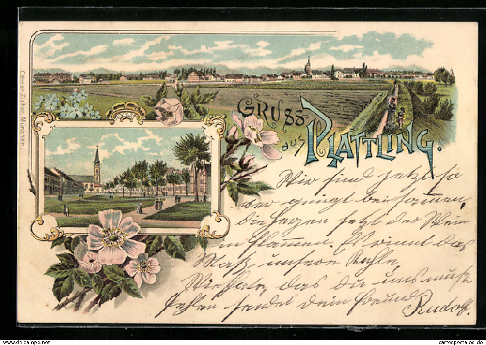Lithographie Plattling, Teilansicht, Ortspartie mit Kirche