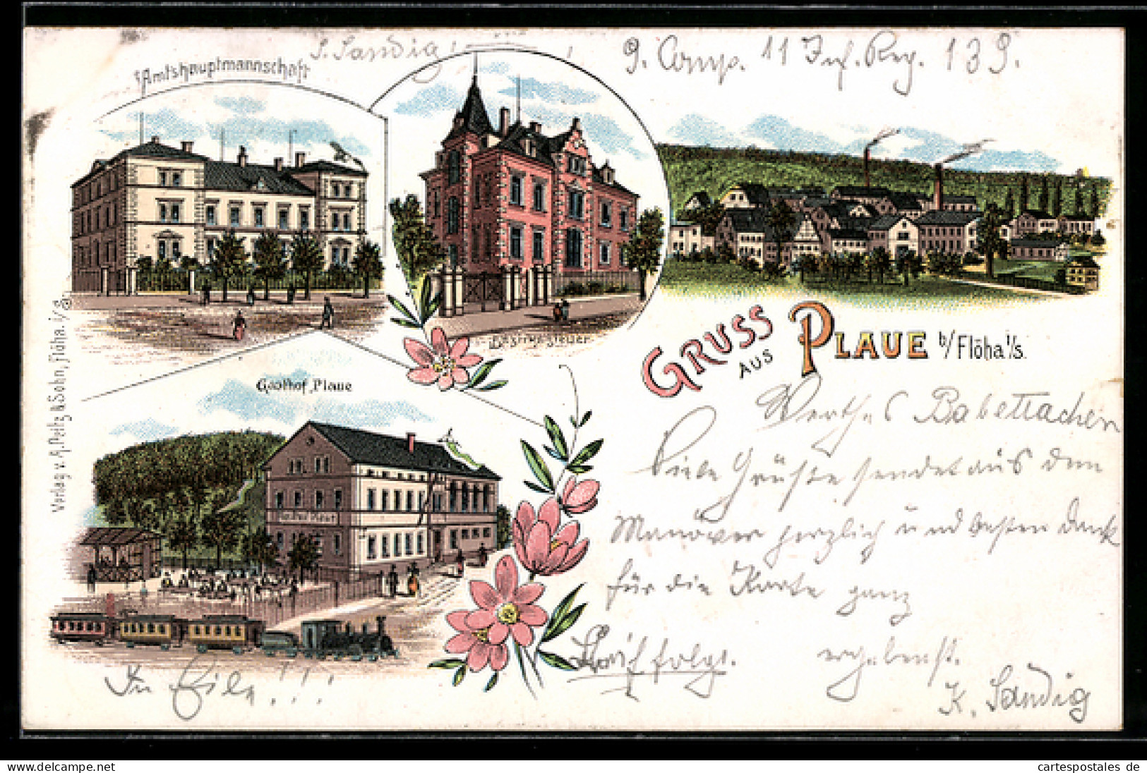 Lithographie Plaue b. Flöha, Gasthof Plaue, Amtshauptmannschaft, Bezirkssteuer