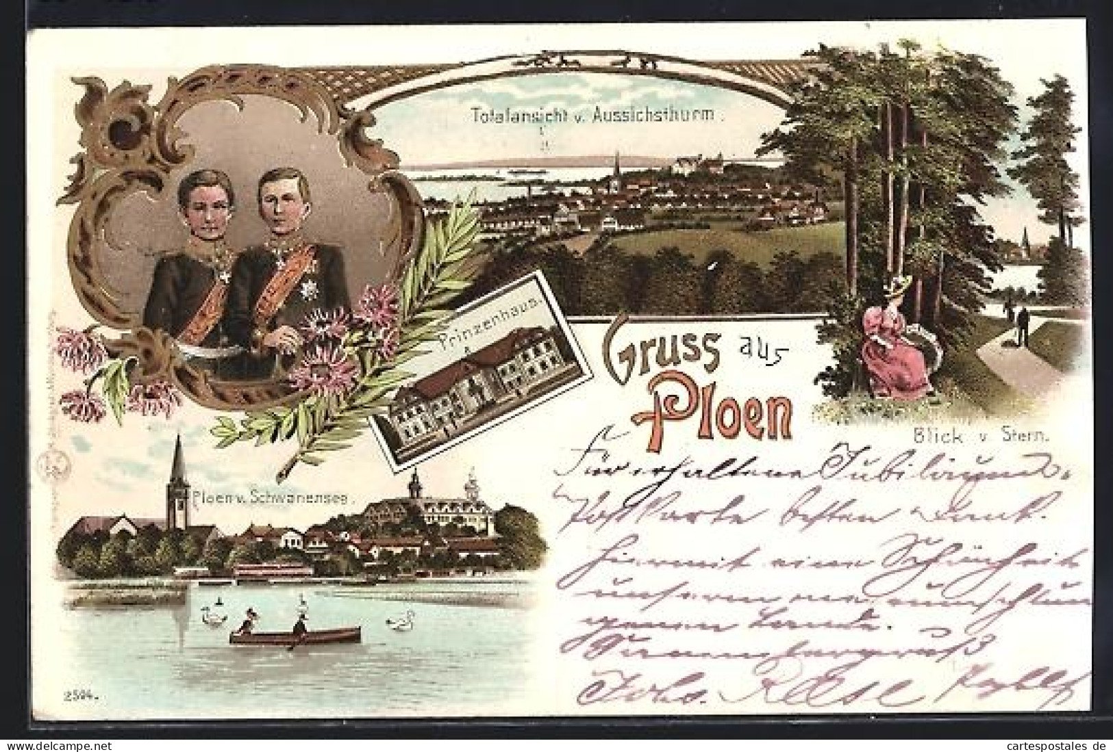 Lithographie Plön, Prinzenhaus, Schwanensee, Aussichtsturm