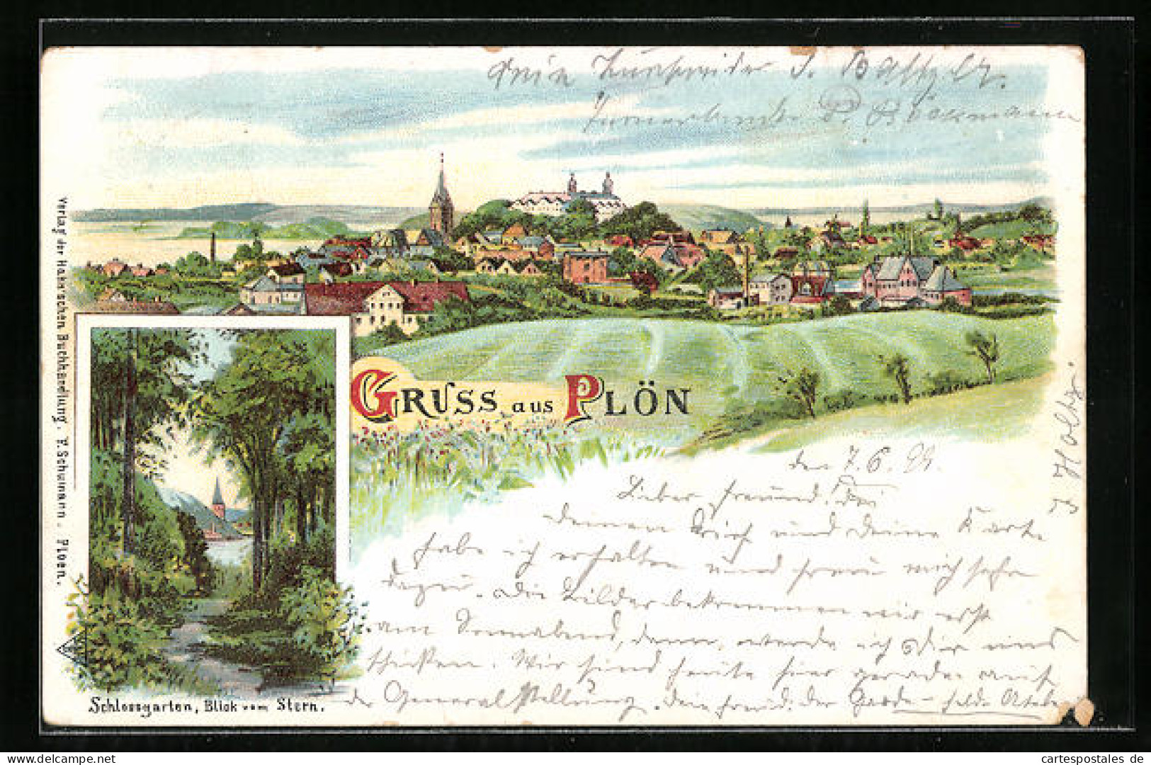 Lithographie Plön, Schlossgarten, Blick vom Stern, Panorama