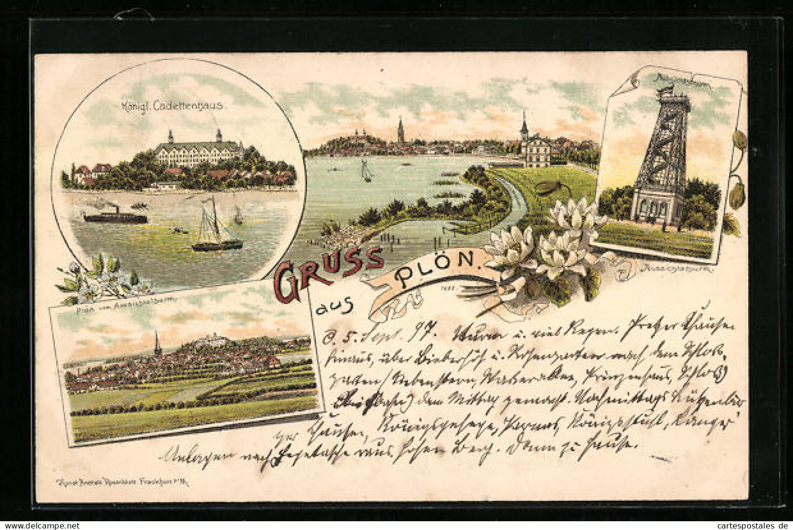 Lithographie Plön, Teilansicht, Aussichtsturm, Königliches Cadettenhaus